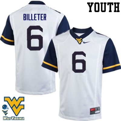 Youth West Virginia Mountaineers NCAA #6 Will Billeter White Authentic Nike Stitched College Football Jersey AH15X88ED